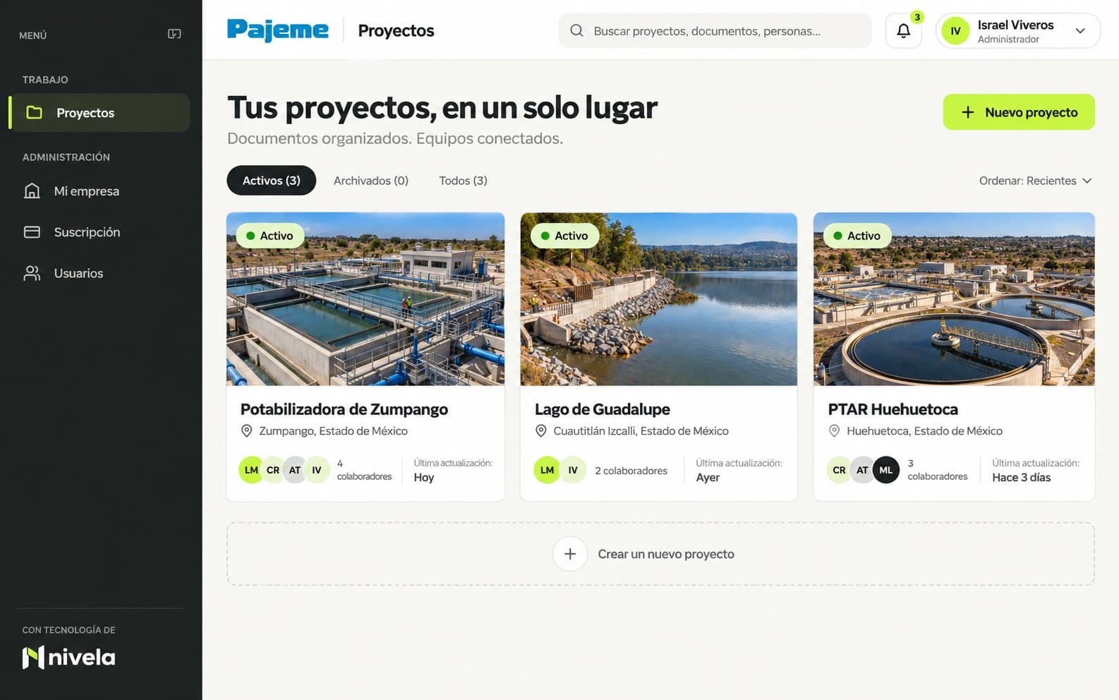 Panel de proyectos de Nivela con tres proyectos de obra hidráulica